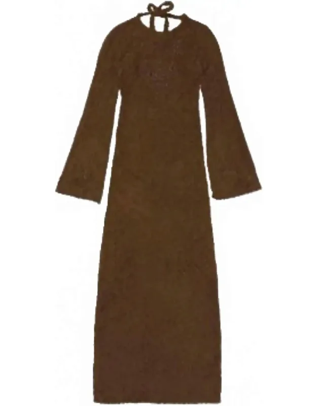Fuzzy Knit Maxi Dress Long Sleeve Open Tie-back