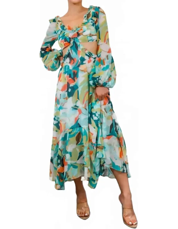 Bubble Sleeve Floral Cut-out Ruffle Midi Dress