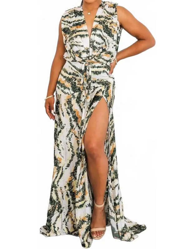 Abstract Print Maxi Dress With Plunge Wrap Front And Slit