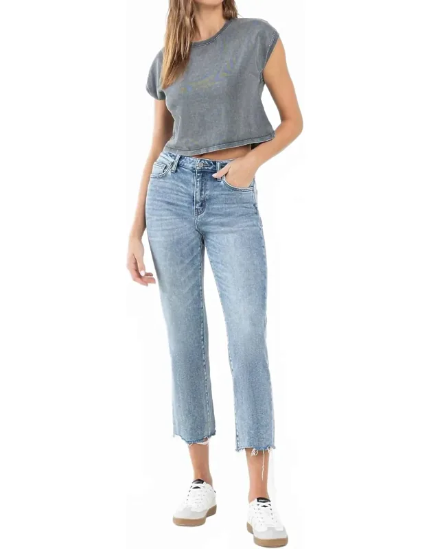 High Rise Cropped Distressed Hem Straight Jeans