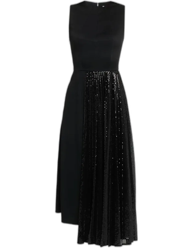 Pleated Sequin Overlay Sleeveless Midi Dress