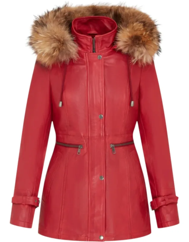 Warm Leather Hooded Parka Jacket