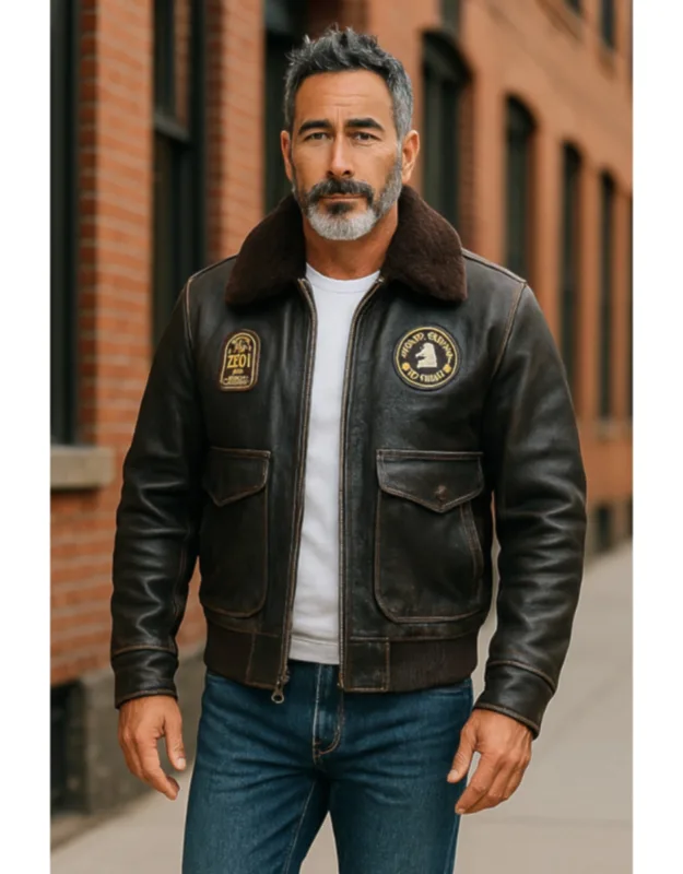 Leather Bomber Jacket With Sheepskin Collar