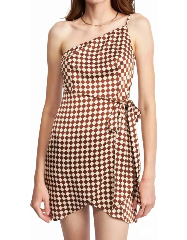 One Shoulder Wrapped Checkerboard Dress