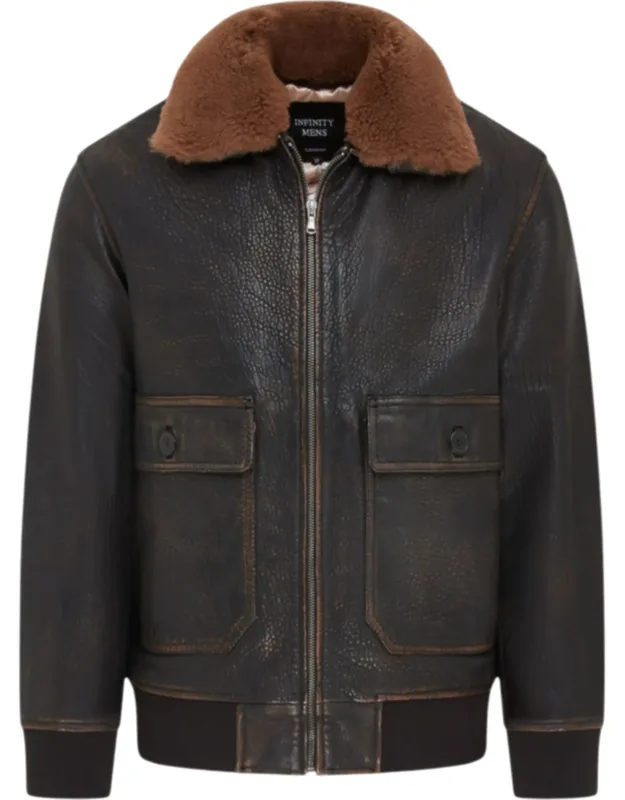 Leather Bomber Jacket With Sheepskin Collar