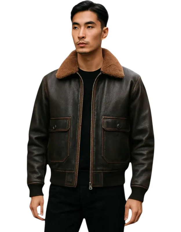 Leather Bomber Jacket With Sheepskin Collar