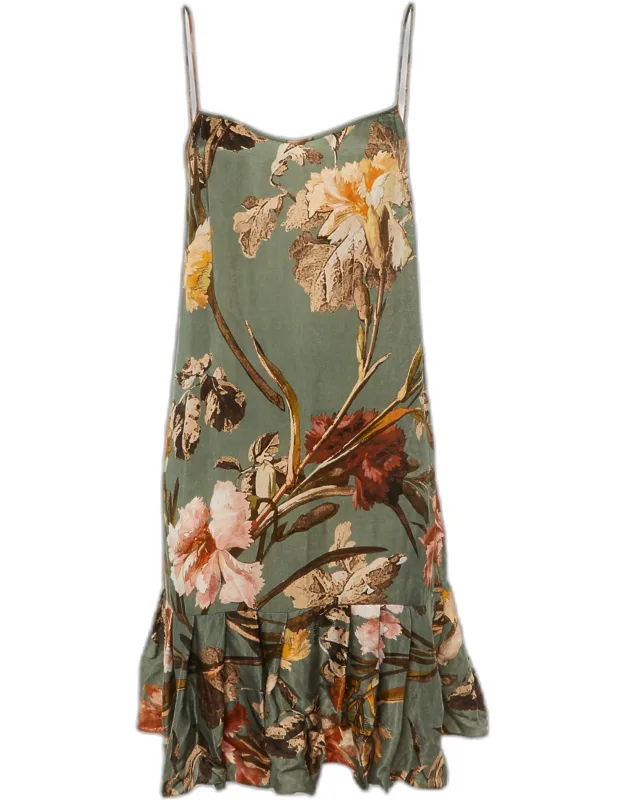 Floral Print Satin Flounced Slip Dress
