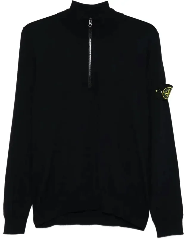 Sweater With Ribbed Stand Collar And Partial Zip Closure