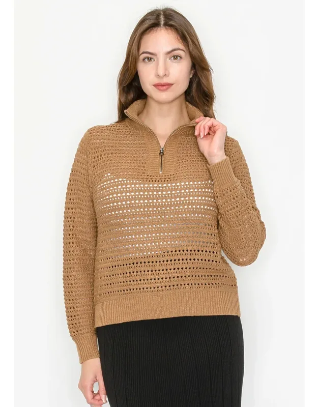 Open-knit Pullover With Zip Collar