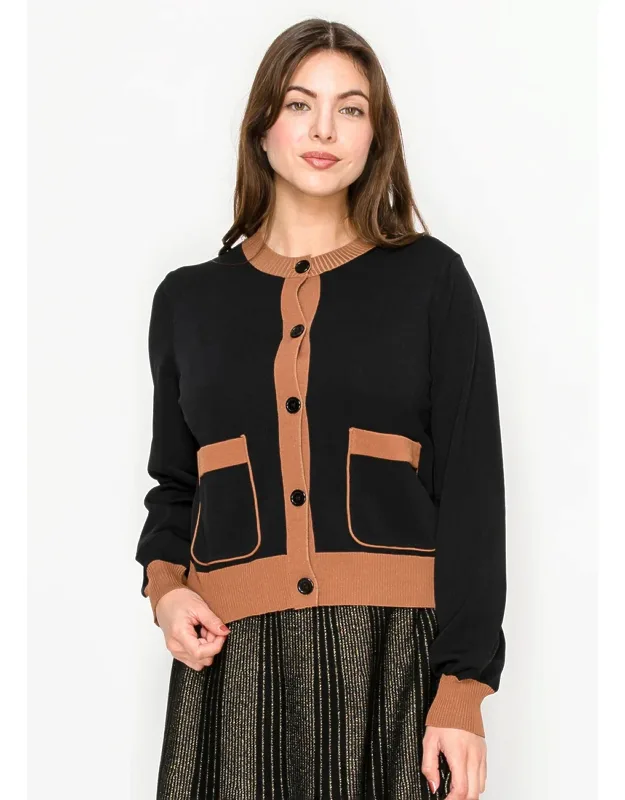 Contrast Trim Cardigan With Front Pockets