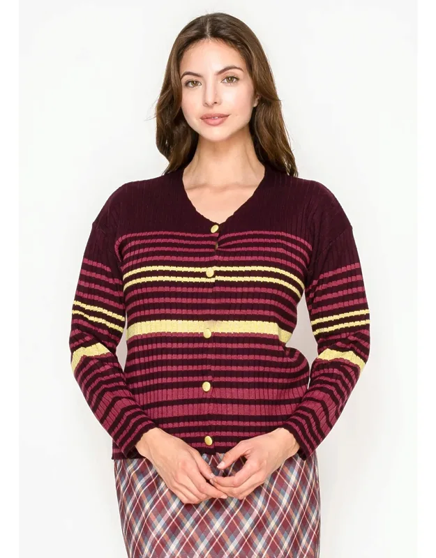Striped Ribbed Button-front Cardigan