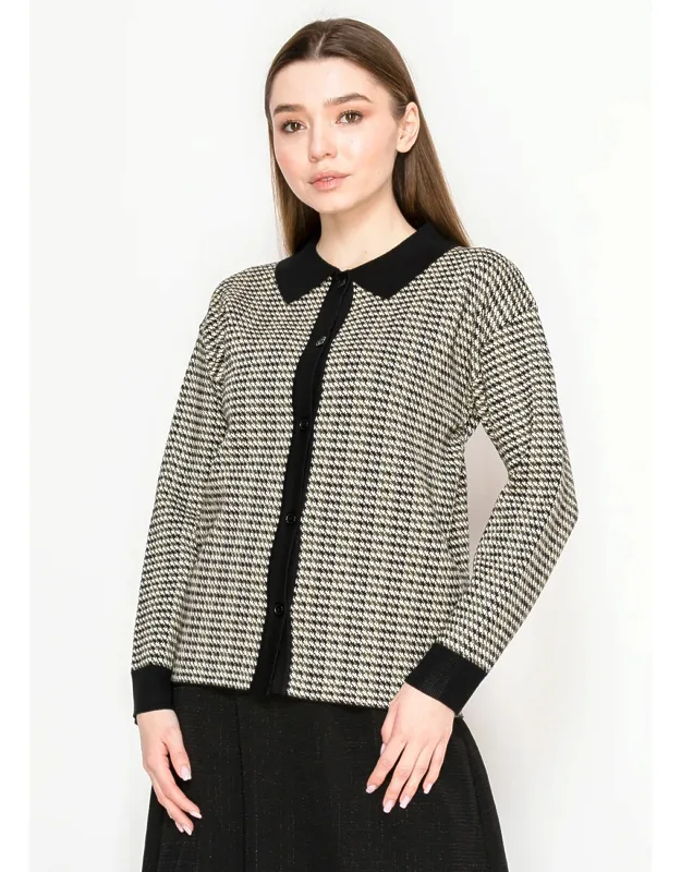 Houndstooth Cardigan With Contrast Collar