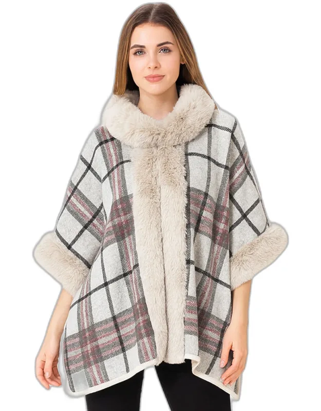 Faux Fur Trim Plaid Check Cape Coat Ponchos