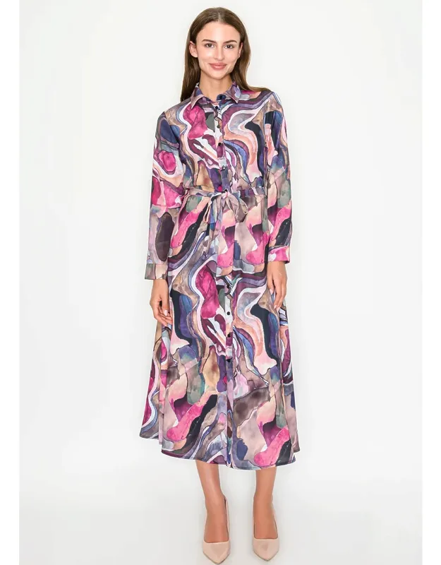 Abstract Button-front Midi Dress