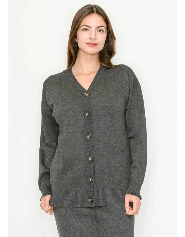 Button Front Knit Cardigan With V-neck