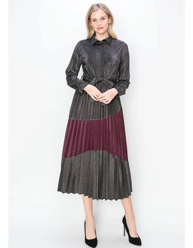 Metallic Pleated Midi Shirt Dress