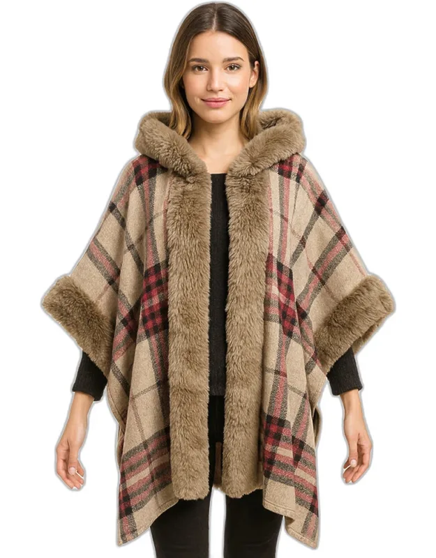 Faux Fur Trim Plaid Check Cape Coat Poncho