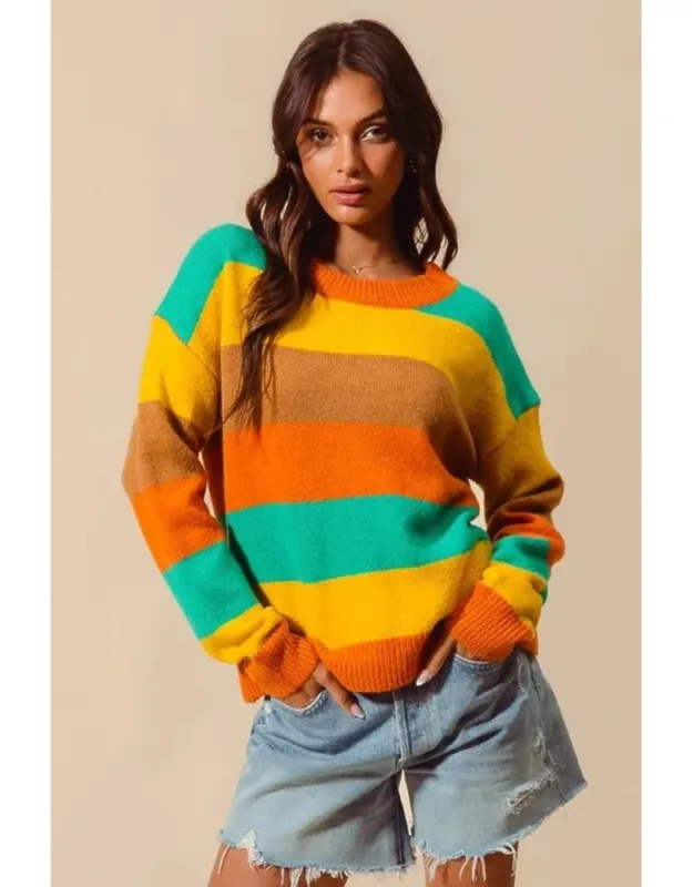 Multi Color Stripe Sweater With Ribbed Detail
