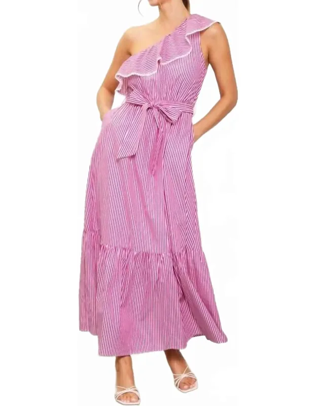 Striped One Shoulder Ruffle Midi Dress