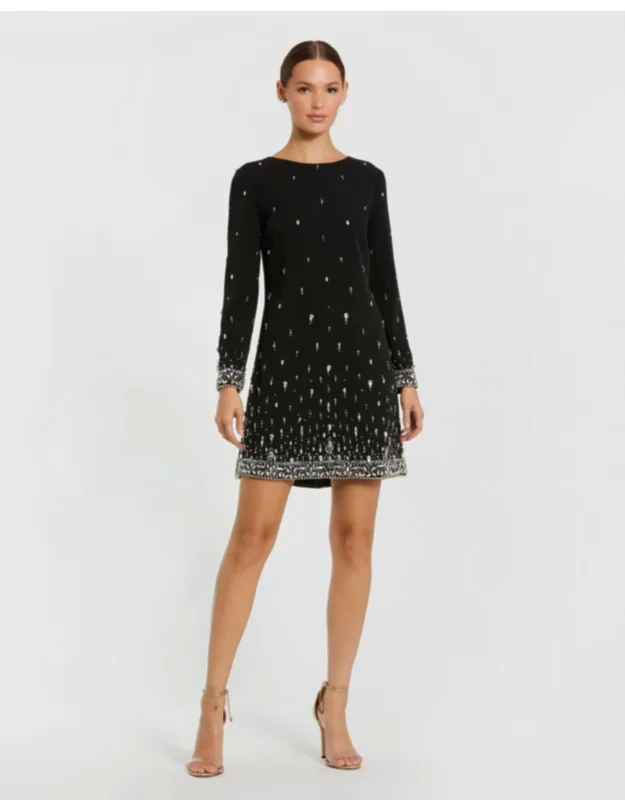 Embellished Crepe Long Sleeve Wedding Guest Mini Dress