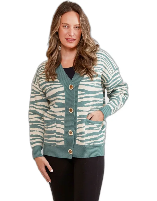 Zebra Pattern Front Button Closure Pocket Cardigan