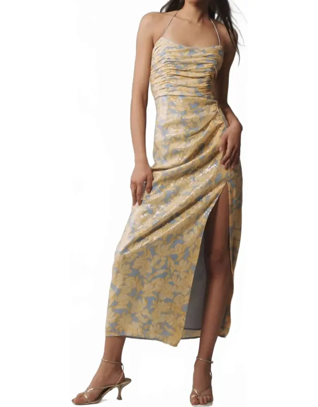 Tylia Sleeveless Ruched Side Slit Sequin Maxi Dress