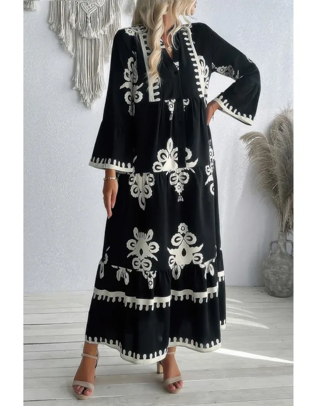 V Neck Stand Collar Button Floral Splicing Dress