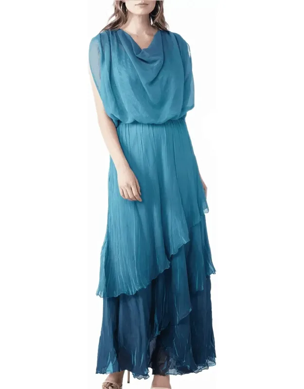 Ombre Cowl Neck Tiered Chiffon Ruffle Dress