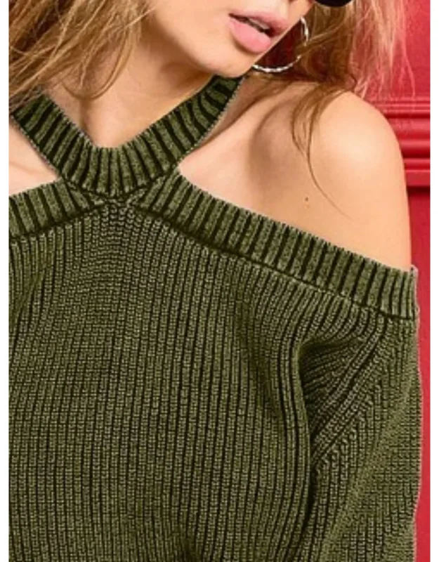Mineral Washed Cold Shoulder Sweater