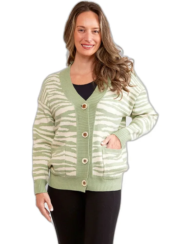 Zebra Pattern Front Button Closure Pocket Cardigan