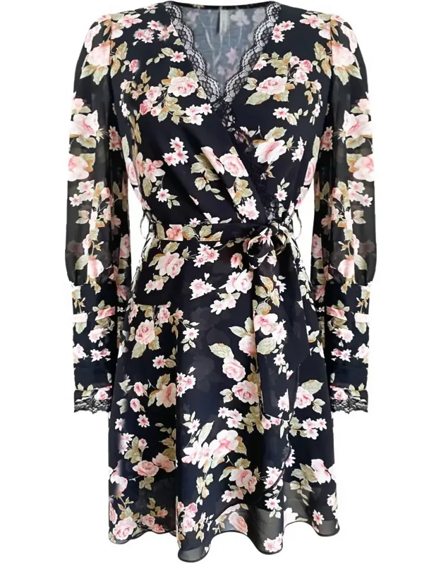 Floral V-neck Belted Dress