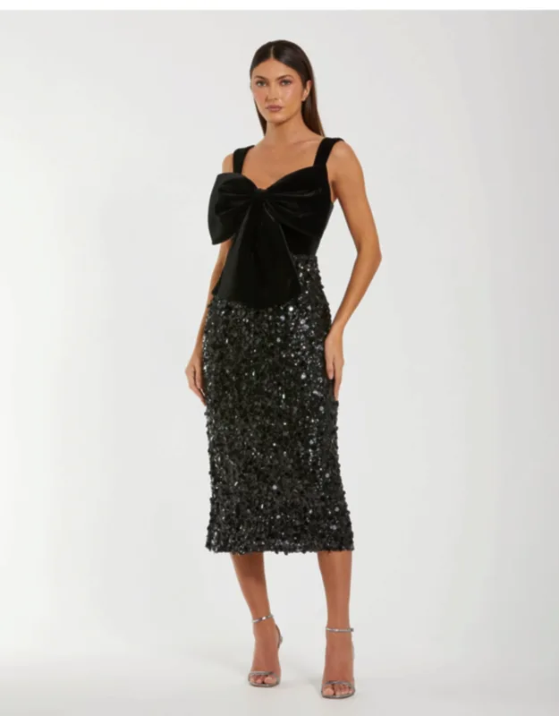 Sleeveless Sequin Wedding Guest Midi Dress With Velvet Bow