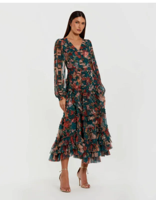 Long Sleeve A Line Wedding Guest Midi Dress With Ruffles