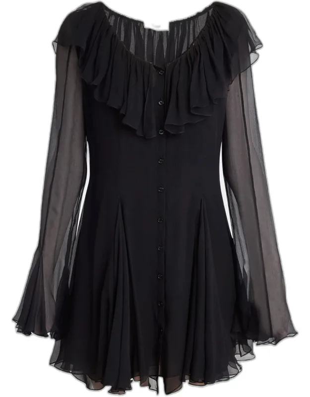 Ruffle Long-sleeve Silk Mousseline Mini Dress