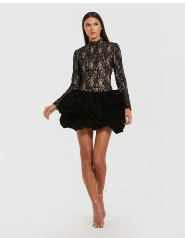 Mock Neck Long Sleeve Lace And Velvet Wedding Guest Mini Dress