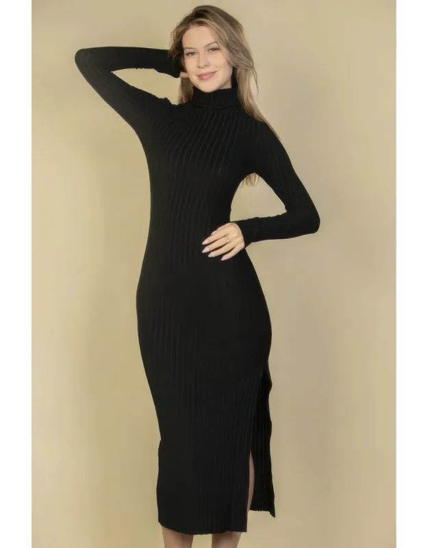 Fuzzy Turtle Neck Split Thigh Dress