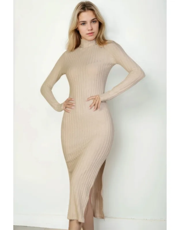 Sweater-knit Fuzzy Turtle Neck Split Thigh Dress