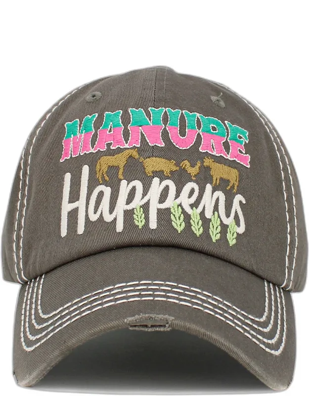 Manure Happens Message Animals Pointed Vintage Baseball Cap