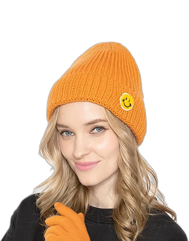 Smile Patch Pointed Ribbed Knit Beanie