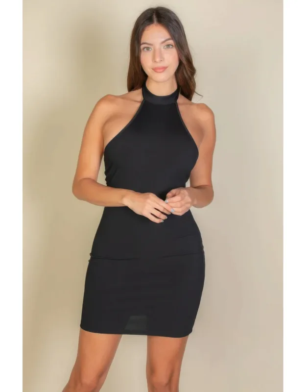 Ribbed Halter Neck Backless Bodycon Dress