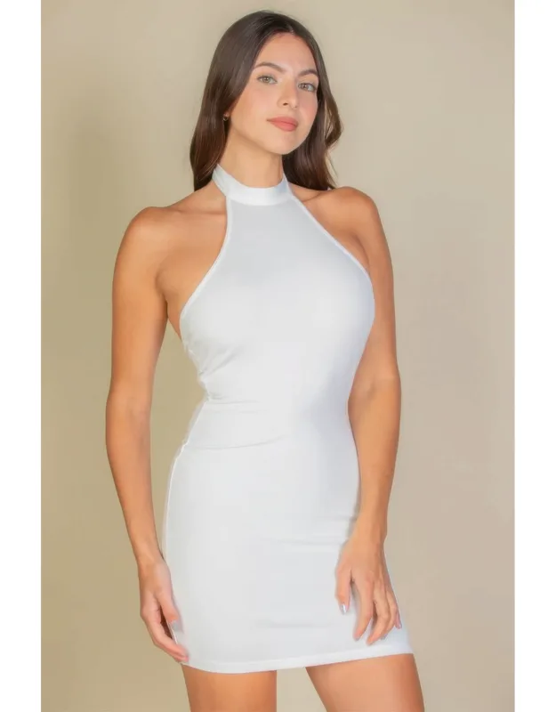 Ribbed Halter Neck Backless Bodycon Dress