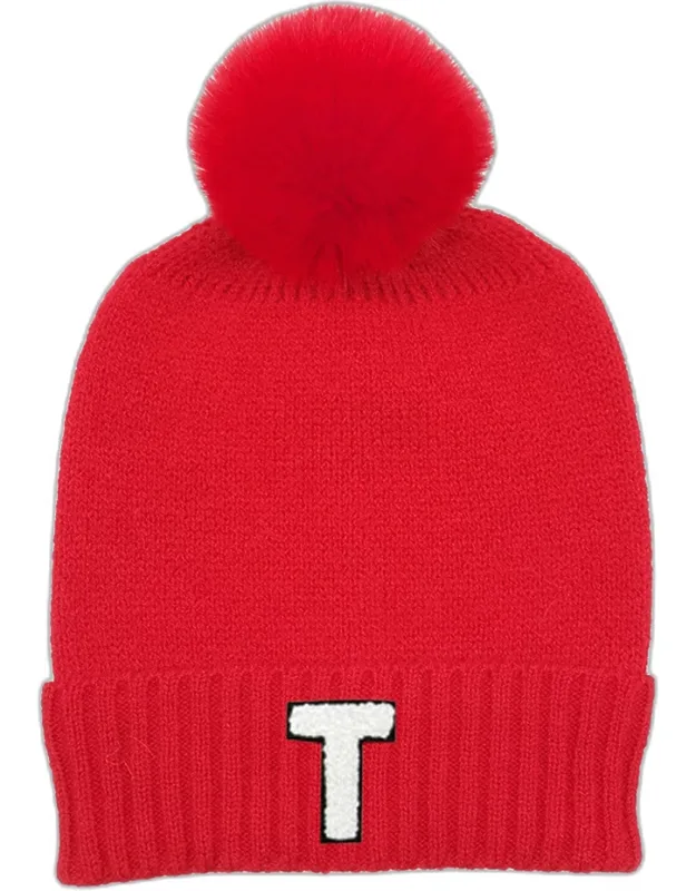 Initial Monogram Faux Fur Pom Pom Knit Beanie Hat