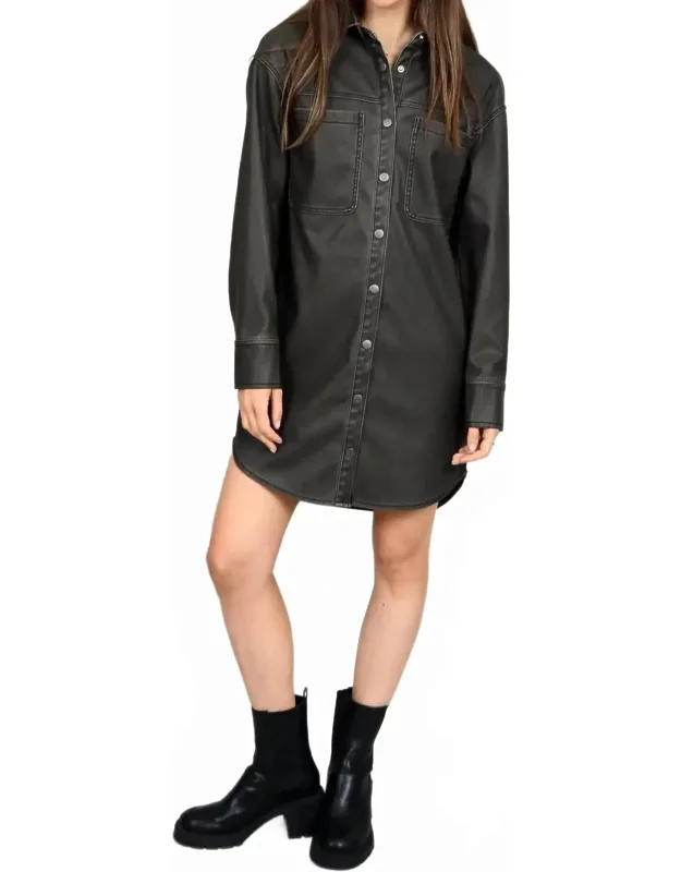 Distressed Faux Leather Snap Front Shirt Dress
