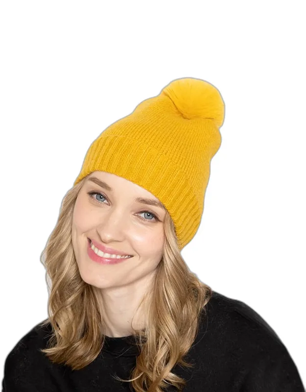 Knit Beanie Hat With Faux Fur Pom