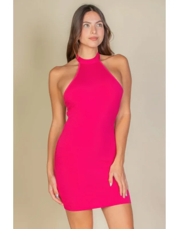 Ribbed Halter Neck Backless Bodycon Dress