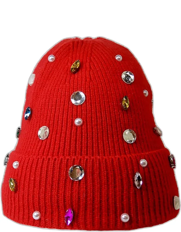 Pearl Jewel Embellished Fleece Lining Knit Beanie