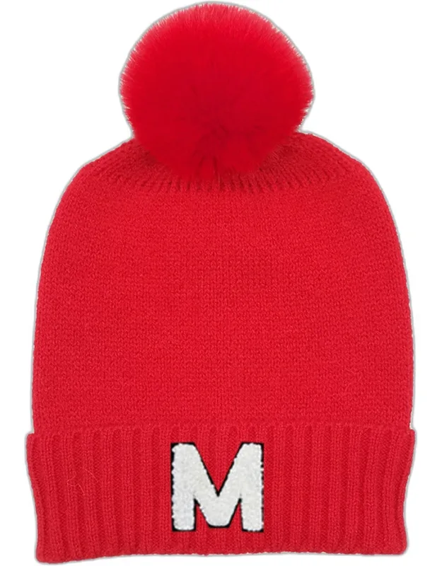 Initial Monogram Faux Fur Pom Pom Knit Beanie