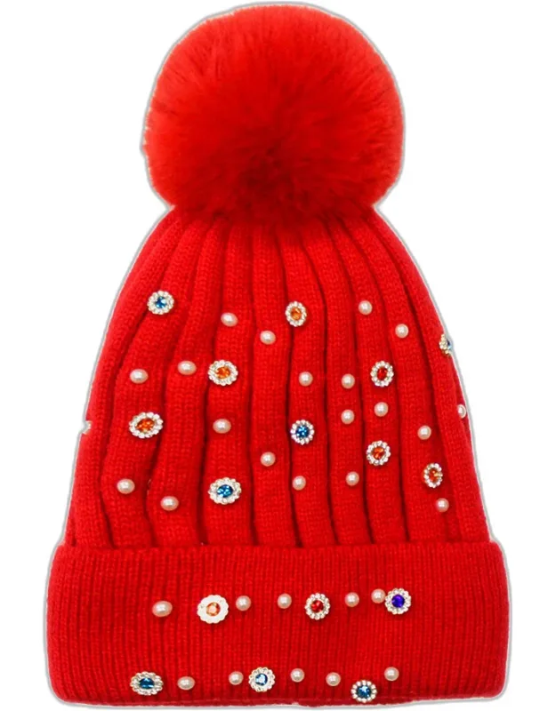 Pearl Stone Embellished Pom Pom Beanie