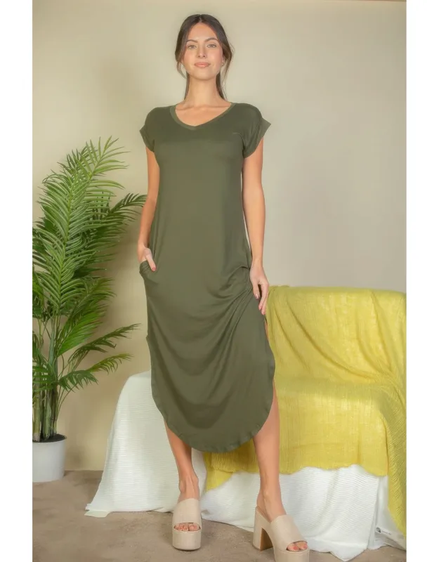 Hidden Pocket Batwing Sleeve V Neck Long Dress