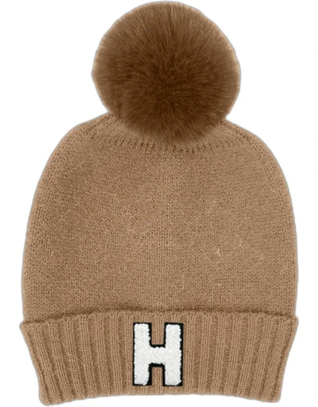 Initial Monogram Faux Fur Pom Pom Knit Beanie